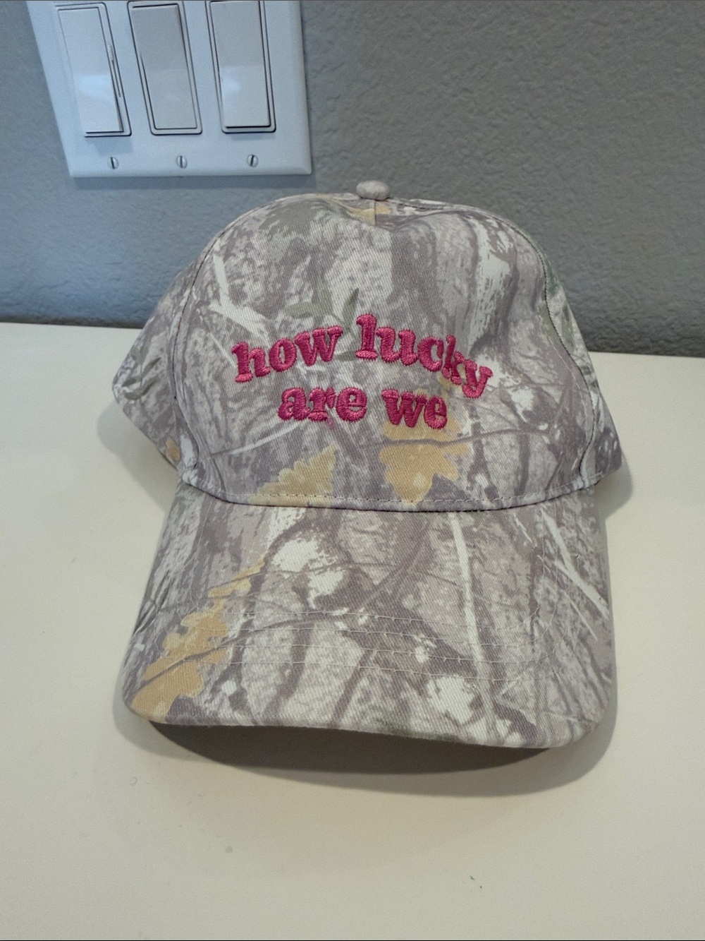 Women’s 'how lucky are we' Pink Embroidered Camo Cap